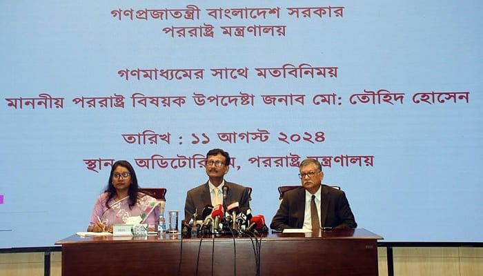 Interim government foreign affairs adviser Md Touhid Hossain speaks at his first press briefing at the foreign ministry on Sunday afternoon.